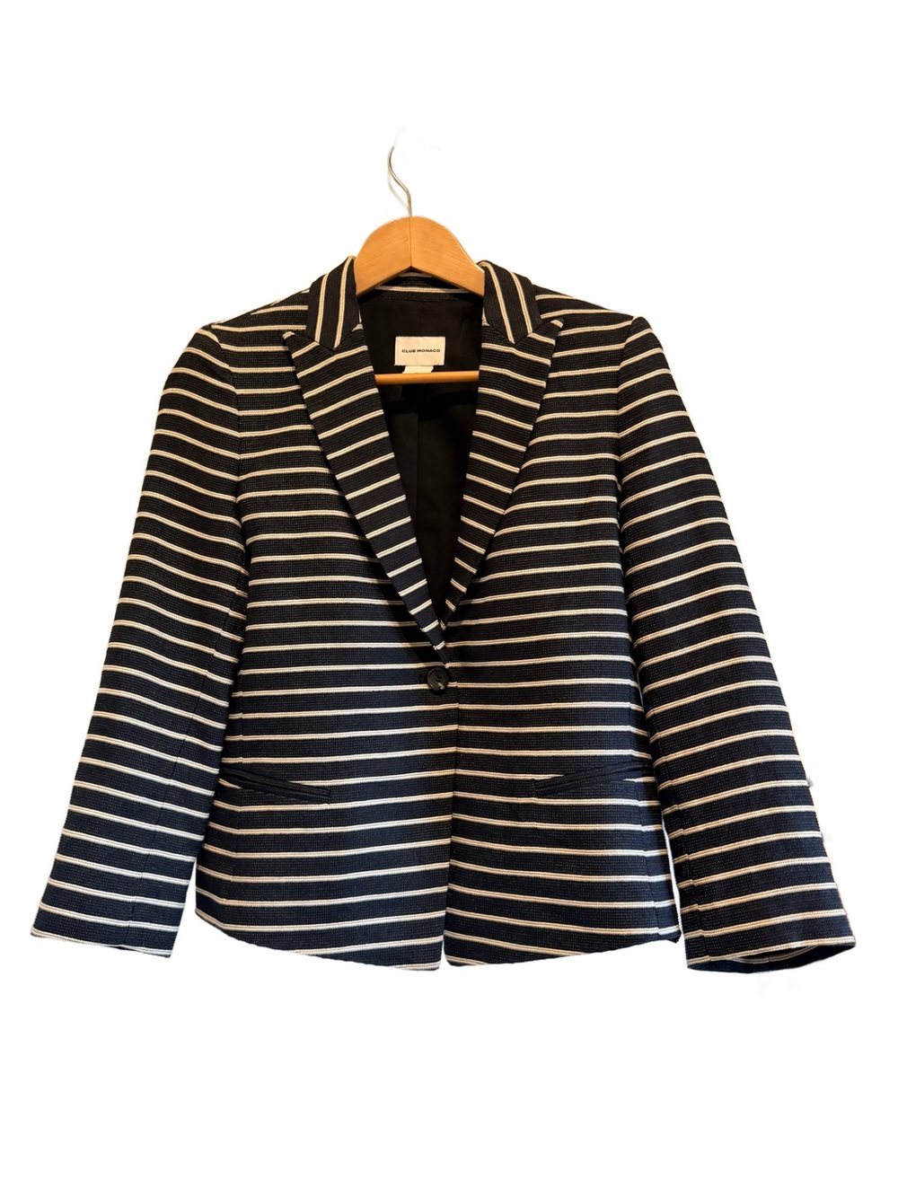 Club Monaco Beck Textured Fitted Stripe Blazer Jacket Size 4 Black Beige EUC